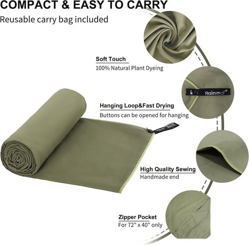 Rainleaf Microfiber Towel - Quick Dry, Super Absorbent, Ultra Compact | Ideal for Travel, Gym, Camping, Beach