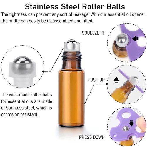 Easytle 96 Pack Essential Oil Roller Bottles, Amber Glass Roller Bottles 5ml, Roller Balls for Essential Oils, Roll on Bottle (384 Pieces Labels, 16 Funnels, 16 Dropper, 8 Opener)
