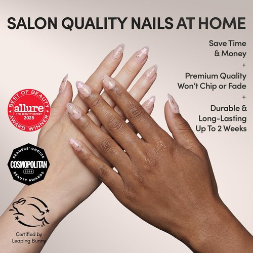 Glamnetic x Hello Kitty® and Friends Press On Nails - My Melody™ | Short Almond Gold Foil 3D Graphic Fake Nails in a Glossy Finish | 15 Sizes - 30 Nail Kit with Glue