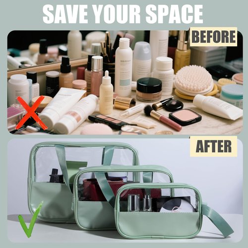 NVTED 3PCS Clear Hanging Travel Toiletry Bag, Cosmetic Bags Set Waterproof Transparent PVC Travel Makeup Pouch Carry on Travel Organizer Bag (Green)