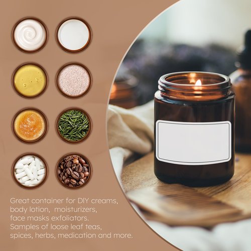 Tecohouse Amber Candle Jars, 30 Pcs 8oz Glass Jars with Lids for Making Candles with White Labels & Inner Liners, Empty Airtight Round Cosmetic Containers for Cream, Spice, Lotion, Ointments, Liquid