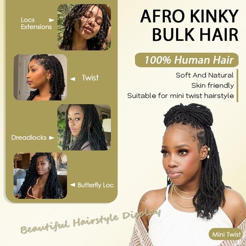 Afro Kinkys Bulk Human Hair for kinky curly Twist Human Braiding Hair For Micro Locs Extensions marley natural Black Color 16 inches 70g/pack