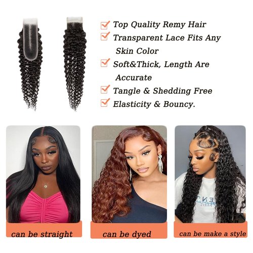 2x6 Kinky Curly Lace Closure 100% Unprocessed Human Hair 10a Remy Closure Pre-Plucked Hairline Wet And Wavy Curly Closure Deep Middle Part With Baby Hair For Women 18 Inch