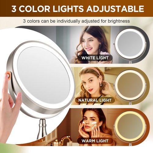 Makeup Mirror with Light, 30x Magnifying Mirror with 3 Lights Colors, 5000mAh Vanity Mirror Brushed Nickel - 360° Rotation, Brightness Adjustable Magnification, Modern Style Side Touch + Side Charge