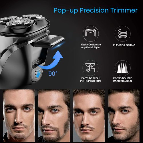 Electric Razor for Men - Phisco Electric Shavers for Man Face, USB Rechargeable, Waterproof Wet Dry Razors with Pop-Up Trimmer, LED Display, Travel Lock