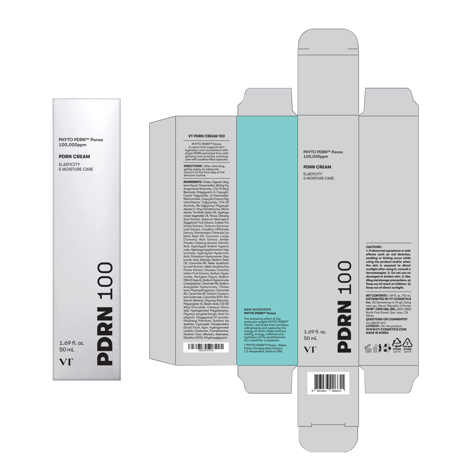 VT COSMETICS PDRN Cream 100, Nourishing & Restorative Moisturizer with 100,000 ppm Vegan PDRN, Lightweight Hydrating Cream for Glowy Glass Skin, Korean Skincare