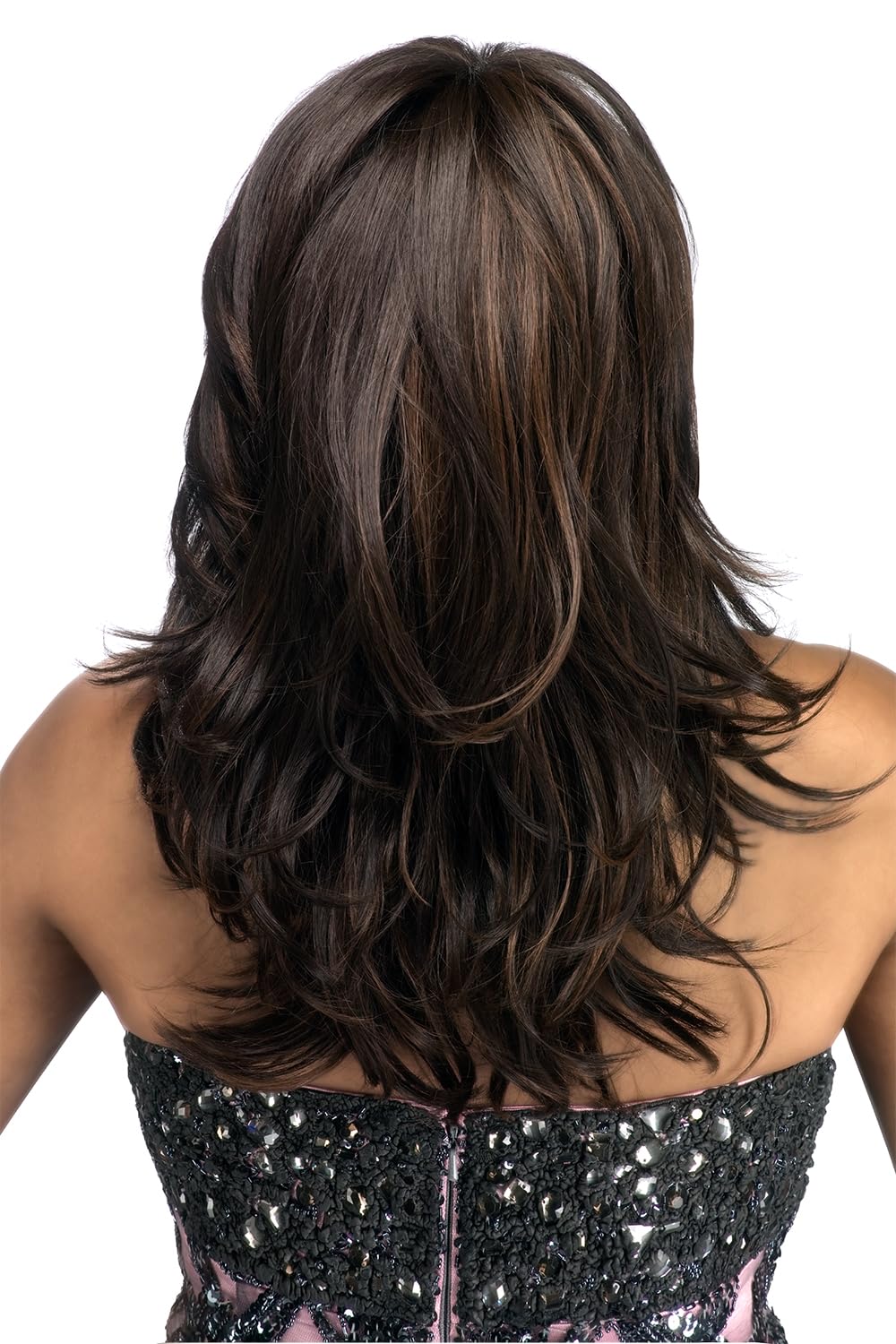 Vivica A. Fox BRIE-V, Futura Synthetic Heat Resistant Fiber, Pure Comfort Cap, Straight Top Style with Layered Loose Curl Flip Full Wig (1 Jet Black)
