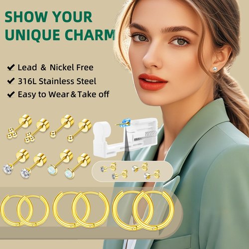 Nunpag 26 Pcs Ear Piercing Kit Ear Disposable Piercing Gun Kit Includes 4 Pcs Self Piercing Gun 18 Pcs Cubic Zirconia Earrings Stud Hoop Earrings 4 Cleaning Pads Easy-to-Use Ear Piercer Kit Tool
