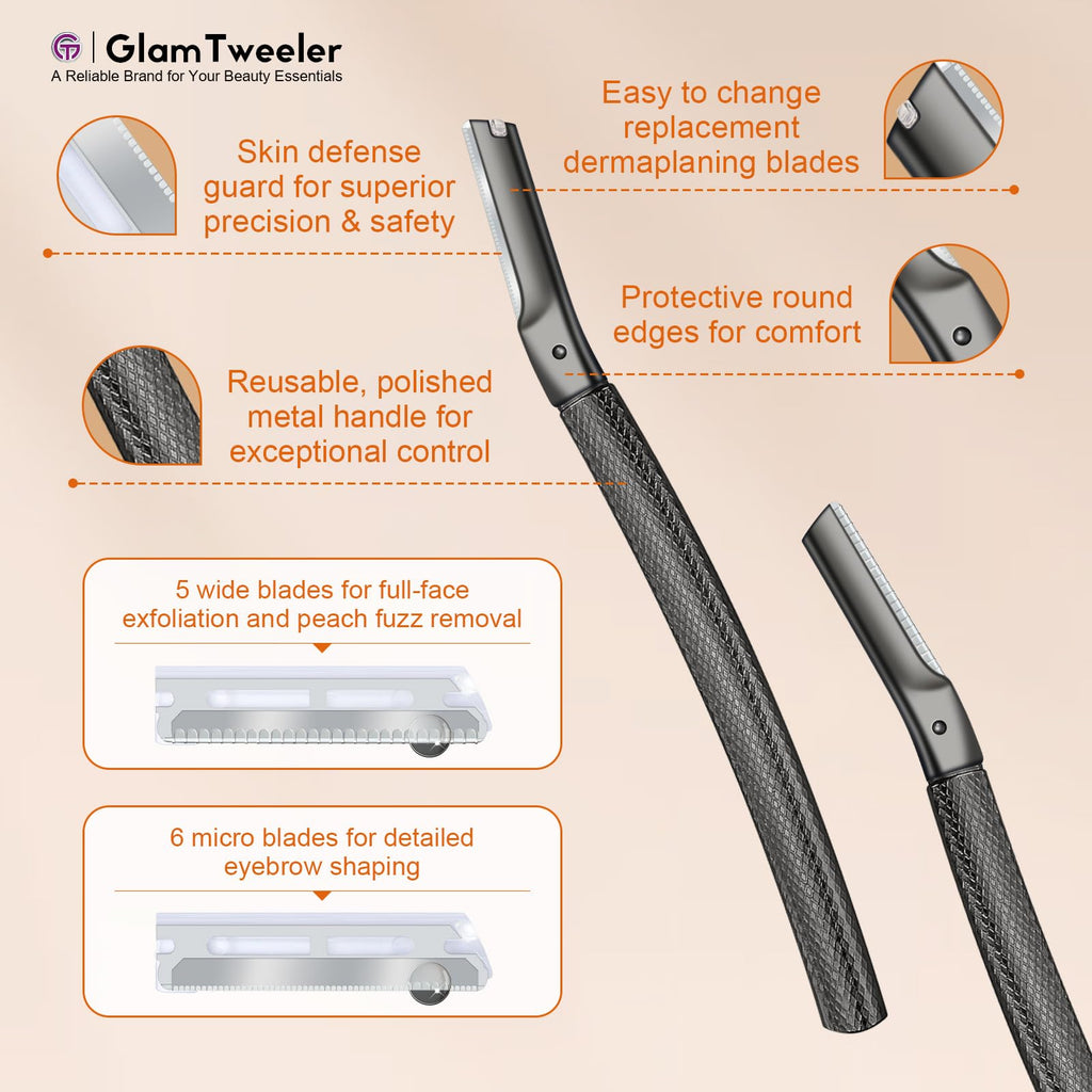 Women's Dermaplane Face & Eyebrow Razor Kit with GlamTweeler Slant Tweezers, Spoolie Brush, and Luxury Leather Storage & Travel Case + 10 Refill Blades (Black)