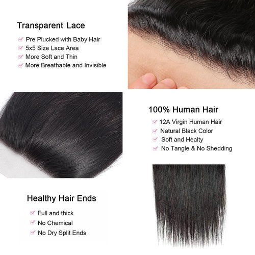 5x5 Closure Straight Hd Lace Closure Brazilian Virgin Human Hair Pre Plucked with Baby Hair Natural Hairline Black Color 18 Inch