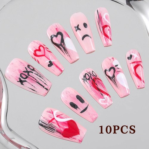 Sethexy Handmade Coffin Press on Nail Rhinestone False Nails Acrylic Stick On Fake Nail Tips for Women 10PCS with Glue (39-Emotion)