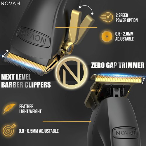 Novah® Professional Hair Clippers - Cordless Barber Clipper Set for Men's Haircuts | Gold Finish