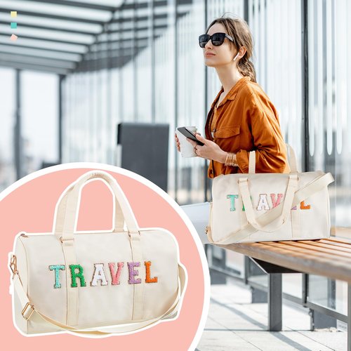 Shinylin 2 Pcs Travel Preppy Duffle Bag and Chenille Letter Makeup Pouch Cosmetic Zipper Patch Weekender Carry on Tote Bag for Women(Nude)