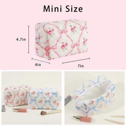 RSRSLEII Small Quilted Cotton Makeup bag, Cute Floral Cosmetic bag, Cotton Aesthetic Makeup Pouch, Large Capacity Travel Toiletry Bag for Women and Girls (02Pink bows)