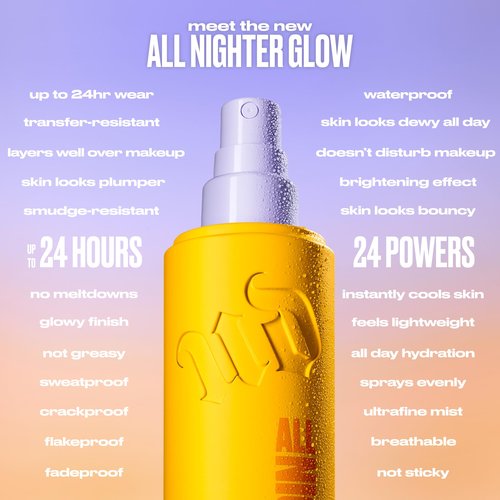 Urban Decay All Nighter Waterproof Makeup Setting Spray - Glass-Skin Glow Finish, Up to 24HR Wear, Dewy Facial Mist, Glow Foundation Face Primer, Smudge-Proof, Transfer-Resistant - 4 fl oz