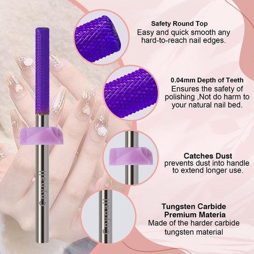 Cnynail 3/32”Tungsten Carbide Nail Drill Bit, Buffer Cuticle Remover, Nail Buffer & Prep File, Two-Way Rotation, Fine Grit for Manicure, Pedicure, Home & Salon Use (3XF Grit, Purple)
