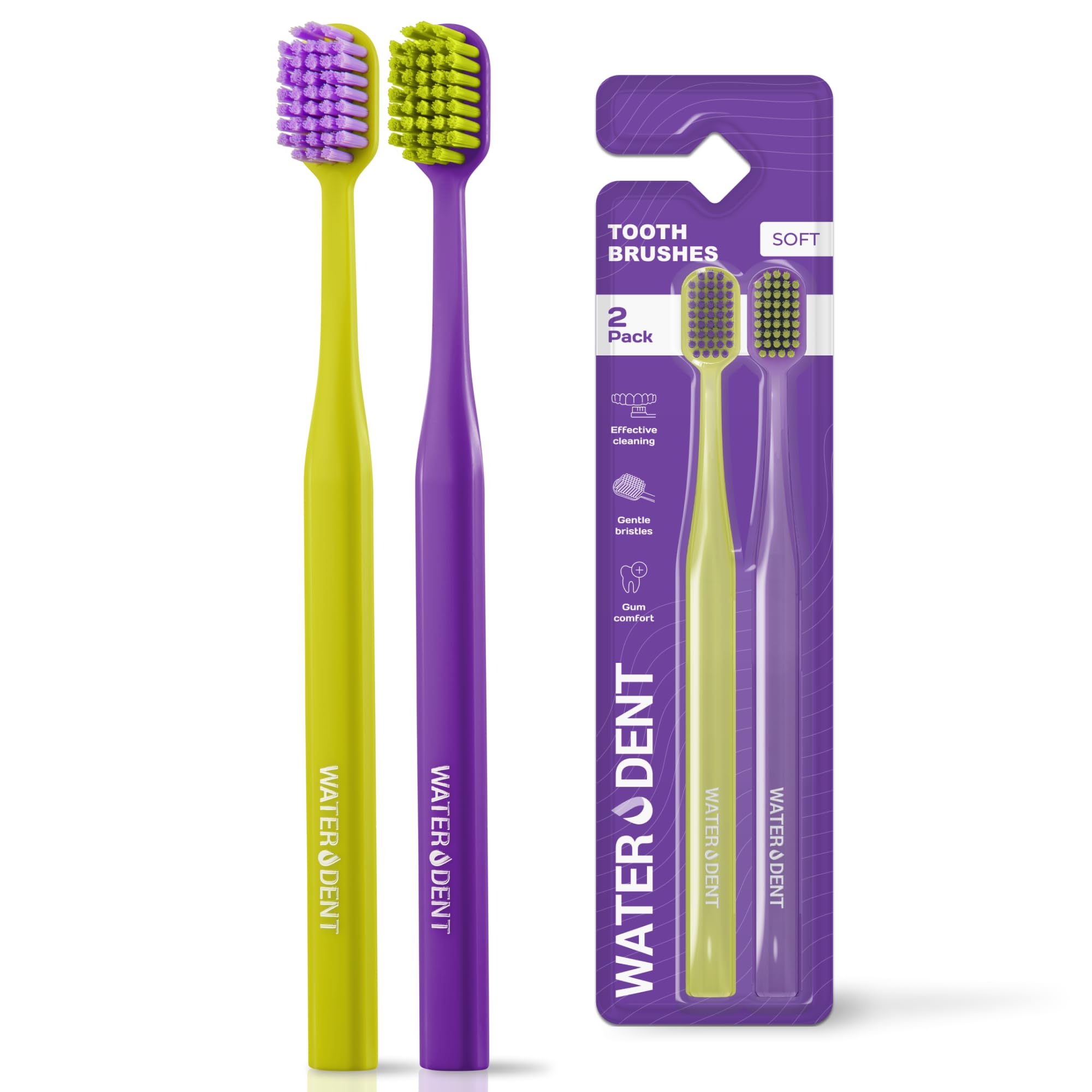 WATER DENT Medium Soft Toothbrush for Adults | Ultra-Dense Rounded Bristles | Gentle on Gums | Deep Plaque Removal | Whiter Smile | Suitable for Braces | 2 Pack Multicolor