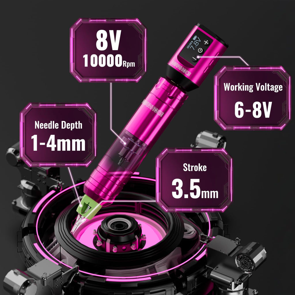 Wormhole Tattoo 79PCS Wireless Tattoo Practice Gun Kit - Battery Pack 1,500mAh Capacity, 20PCS Tattoo Needles, LED Digital Display - Professional Equipment for Beginners and Tattooist - Pink