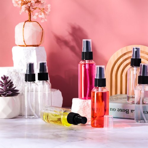 Roshtia 300 Pcs 2 oz Plastic Mini Spray Bottles with Black Cap Clear Empty Fine Mist Spray Bottles Refillable Liquid Container for Essential Oils Perfumes Travel Makeup