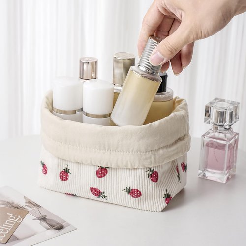 Cute Soft Corduroy Drawstring Makeup Bag with Canvas Lining, Coquette Aesthetic Drawstring Cosmetic with Strawberry Pattern for Women Girls, Kawaii Travel Makeup Organizer Case(06 Strawberry)