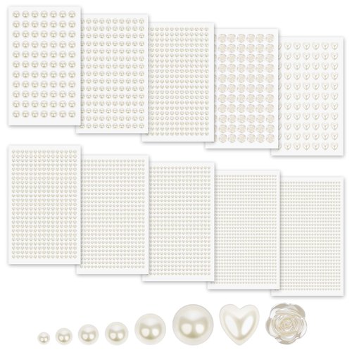 MYDBUYSOME 3701PCS Pearl Stickers Pearls for Crafting - Self Adhesive Pearls for Hair Face Makeup Eye Nail Crafts, Stick On Gems (White, Assorted Sizes)