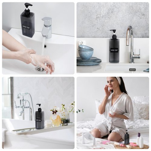 Segbeauty 16.9oz Shampoo Bottles Refillable Pump Bottle, 3pcs Shower Bottle Soap Dispenser with Labels, 500ml Gray Empty Plastic Square Shampoo Conditioner Dispenser, Body Wash Containers for Bathroom