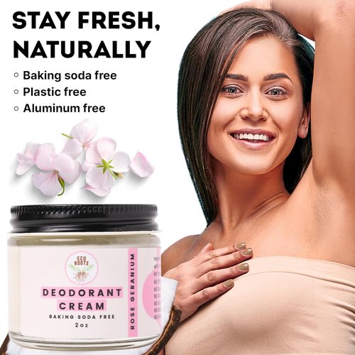 ECO ROOTS Natural Deodorant Cream - Organic & Vegan, Baking Soda Free | Rose Geranium Scent