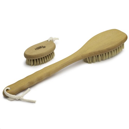 KONEX Bath Brush Set, Exfoliating Shower Scrubber, Dry Brushing Body Brush Set, Pore Opening, Beechwood Handle with Natural Bristle Large 15" Plus Small Face Brush