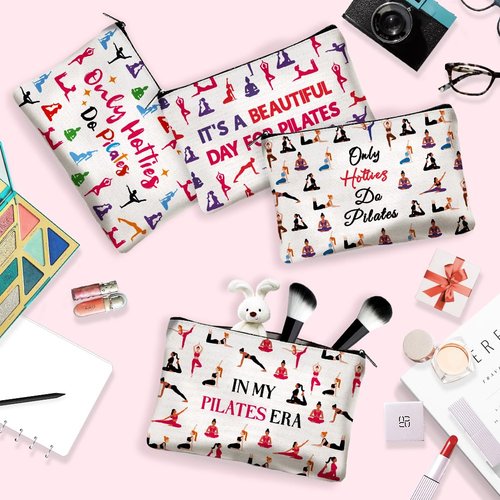 DOODLREAM 4Pcs Canvas Pilates Teacher Appreciation Gifts Makeup Bag - 9.06" x 5.9" Only Hotties Do Pilates Cosmetic Bags Travel Organizer Portable Accessories with Zipper, Purse Organizer Pouches