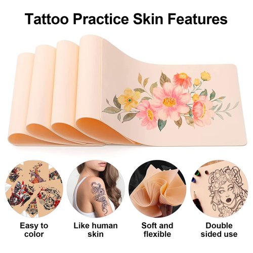 614Pcs Tattoo Skin Practice Kit for Beginners - Autdor Professional Training Set Include 10 Realistic Fake Skin Sheets with 50 Transfer Paper 300 Ink Caps 200 Machine Covers 4 Grip Tape 50 Dental Bibs