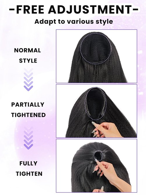 catti Half Wig Yaki Straight Ombre Black Grey Synthetic Hair 3 in 1 Kinky Straight Wigs Flip Drawstring Wig Glueless Wigs Ready to Go Headband Wig for Women 22 Inch
