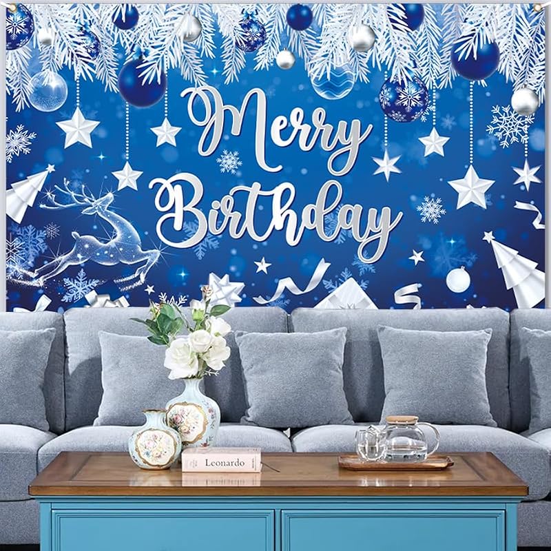 Christmas Birthday Banner Decorations Party Backdrop Blue Happy Holiday