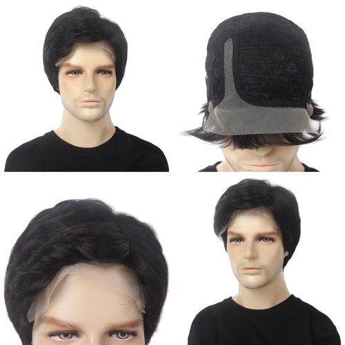 STfantasy Black Lace Front Mens Wigs 6X4X0.5 T Part Lace Short Wigs with 150% Density Side Part Synthetic Hair for Men Man Male Daily Used Costume Party Halloween Cosplay Updated Soft Hair