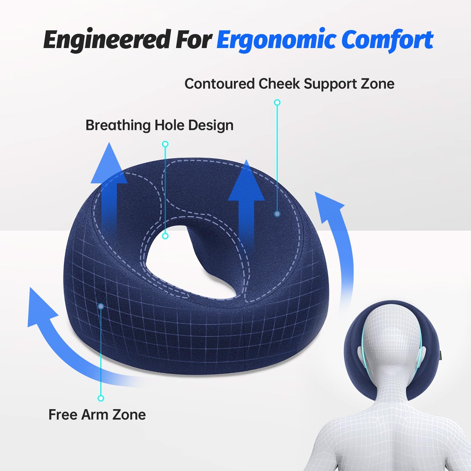 Xiaomubiao Face Down Pillow - Comfortable Massage Headrest for Stomach Sleeping | Navy Blue, Removable Cover