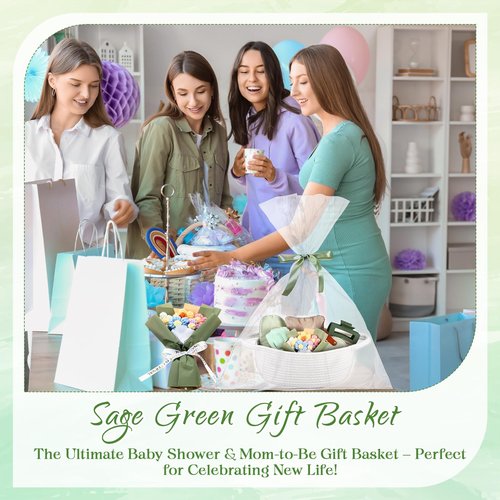 Kacctyen Get Well Soon Gift Basket for Women Sage Green Birthday Gift Box Self Care Package Include Woven Basket Makeup Bag Sleep Mask Jewelry Box and More for Women Mom Wife Friends Sister