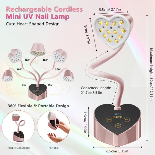 BETE Mini UV Nail Lamp Flash Cure Gel Nail Polish, 360° Foldable Gooseneck UV LED Nail Lamp with Smart Sensor, USB Portable Cordless 30W Rechargeable Nail Dryer with 3 Timers for Salon Home DIY