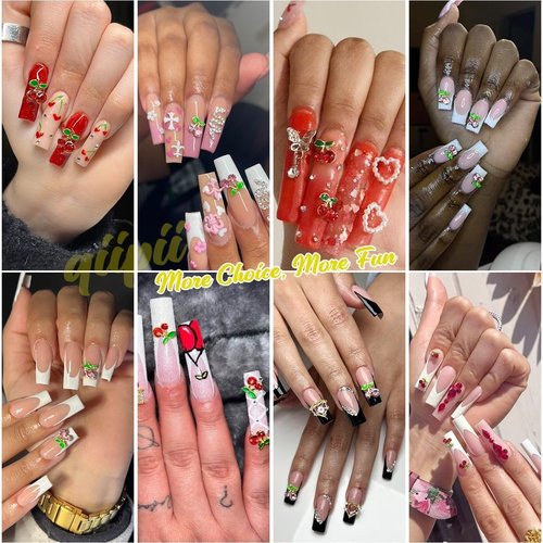 qiipii 52Pcs 4 Styles 3D Cherry Nail Charms Red Pink Cherries Nail Art Rhinestones Shiny Gems Studs Cute Fruit Diamonds Crystals Luxury Jewelry Supplies for Nails Face Makeup Women DIY Crafts Phones