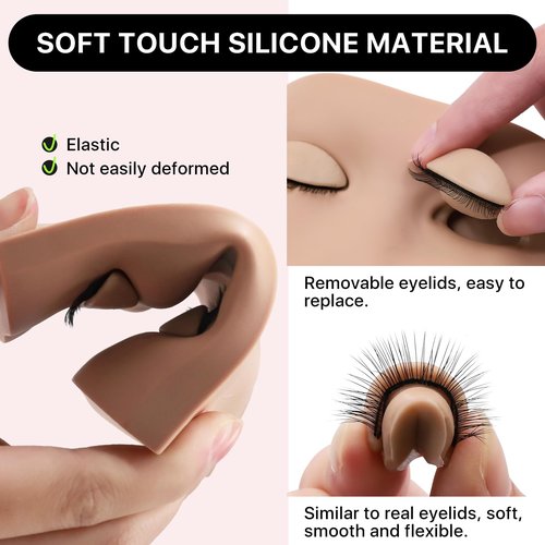 Pretty memory 2 Layer Lash Mannequin Head, with 2 Pairs Removable Lash Practice Eyelids, Realistic Eyelash Mannequin Head, Makeup Soft-Touch Rubber Lash Tech Supplies for Practice Training