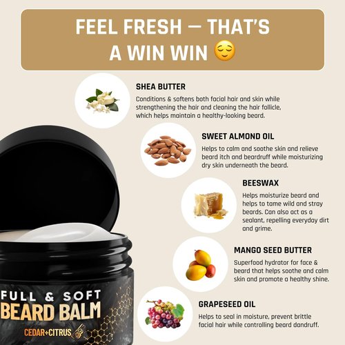 Derm Dude Beard Balm - Conditioning Formula with Natural Oils for Growth & Softness | Cedar & Citrus, 2oz