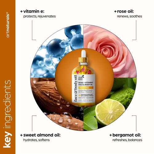Artnaturals Organic Rose + Vitamin E Face Oil 4.0oz - for Body & Hair - 100% Natural, Moisturize, Rejuvenate & Enhance your skin - Anti-Aging Moisturizer Facial Oil for Fine Lines, Scars & Wrinkles