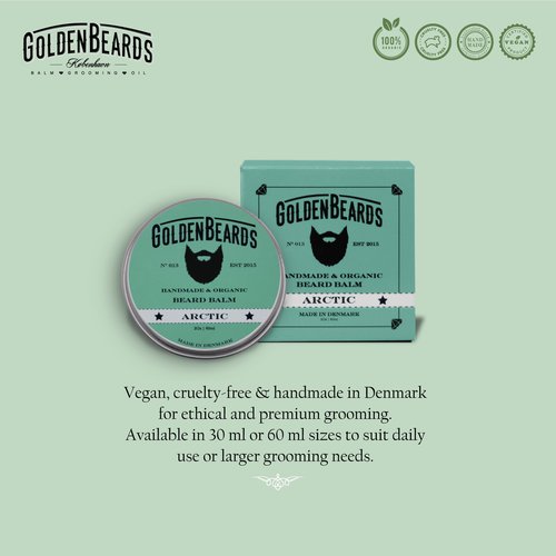 Golden Beards Organic Beard Balm Arctic – Shea, Cocoa & Beeswax Blend with Peppermint, Tea Tree & Orange Scent – 60ml Vegan Handmade Styling Balm for Beard Hydration & Freshness, Handmade in Denmark.