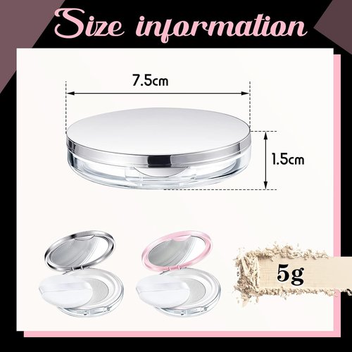 Cunhill Loose Powder Container Set - 2 Reusable Makeup Cases with Puff & Mirror | Pink & Silver, 0.17/0.7 oz