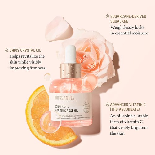 BIOSSANCE Squalane + Vitamin C Rose Facial Oil - Brightening & Hydrating Serum for All Skin Types | 1 oz