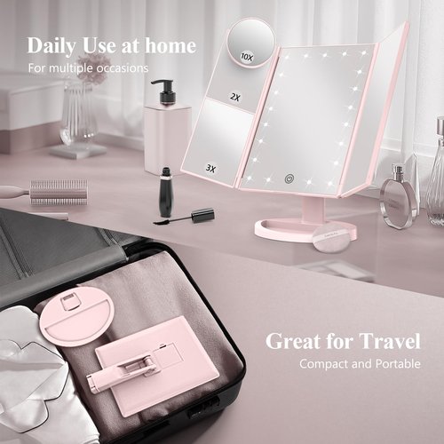 HUONUL Makeup Mirror, Vanity Mirror with Lights, 2X/3X/10X Magnification, Touch Control, Trifold Mirror, Dual Power Supply, Valentines Day Gifts for Her,Gifts for Women, Wife, Mom, Teengirls