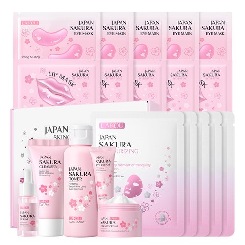 LAIKOU SAKURA Skin Care, Skin Care Set, Face Mask, Eye Mask, Lip Mask with Serum, Cleanser, Toner, Eye Cream, Essence Cream for Women Teen Girls Mom Daughter Mother's Day Christmas Birthday
