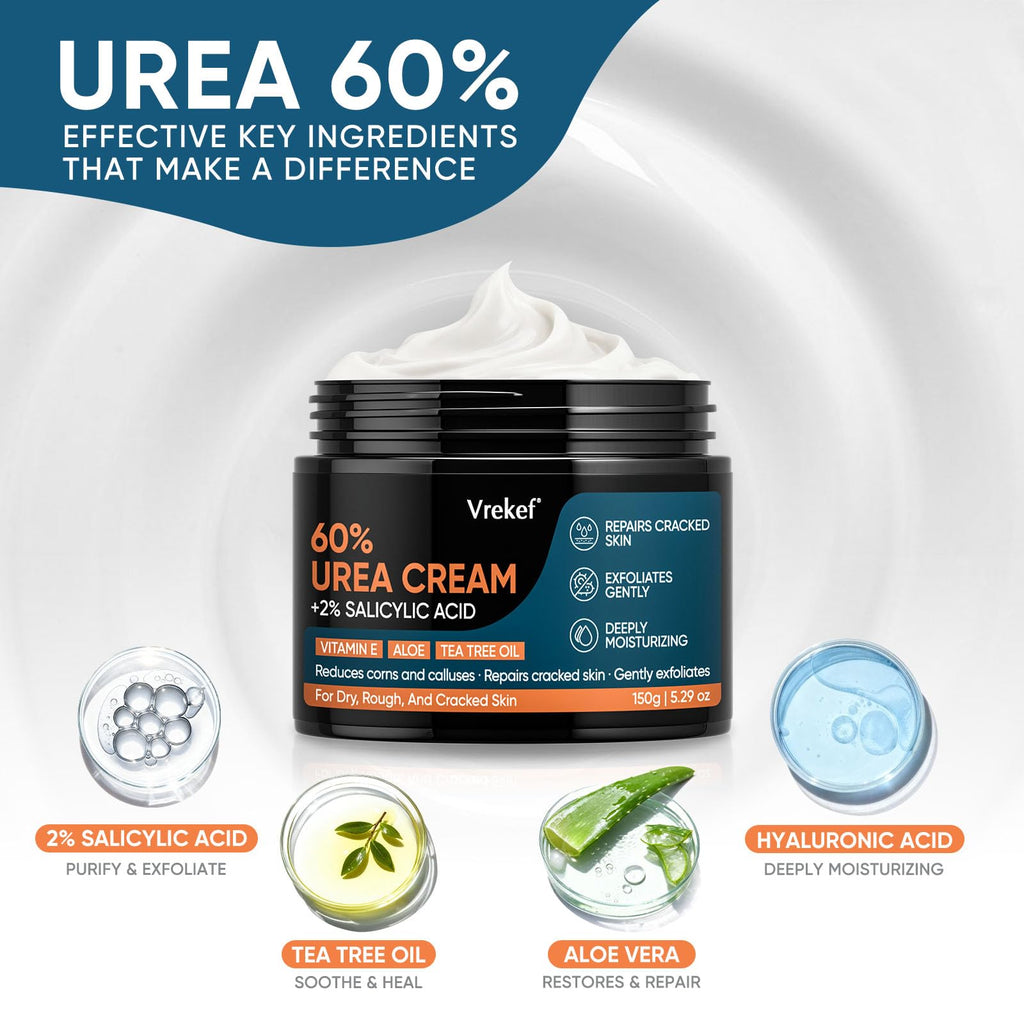 VREKEF Urea Cream 60% Plus Salicylic Acid 2%, Urea Cream 60 Percent for Feet Maximum Strength, Foot Cream for Dry Heels Cracked