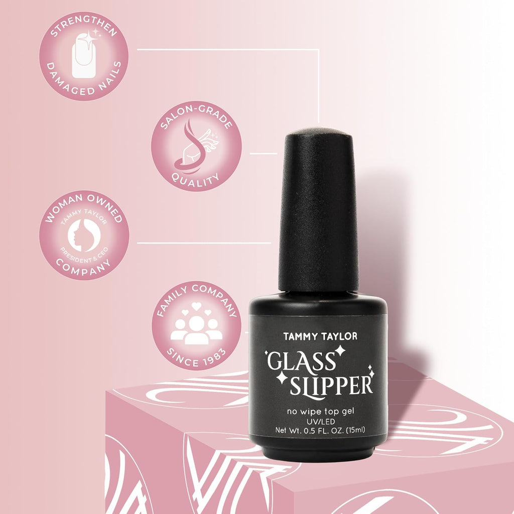 Tammy Taylor Glass Slipper Gel Top Coat - No Wipe, High Gloss Finish, Quick Cure for Acrylic Nails
