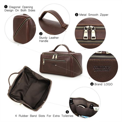 CONTACTS Full Grain Leather Travel Toiletry Bag for Men Large Wash Bag with Handle Bathroom Shaving Dopp Kit Toiletries Organizer Vintage Cosmetic Bag