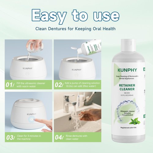 KUNPHY Ultrasonic Retainer Cleaner Solution Concentrate-Professional Cleaning of Retainers, Denture, Invisible Aligners, Mouth Guards, Night Guards, Remove Odors, Discoloration & Stains 8 oz(Mint)