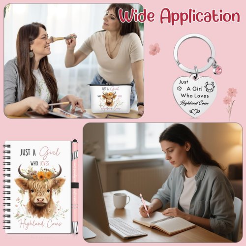 Sinmoe 5 Pcs Highland Cow Gift Set Women Christmas Highland Cow Lovers Stuff Canvas Tote Bag Makeup Bag Keychain Notebook Pen(Pink,Classic)